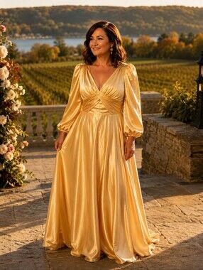JJ's House Gold Satin Maxi Gown Long Sleeve Formal Dress LP